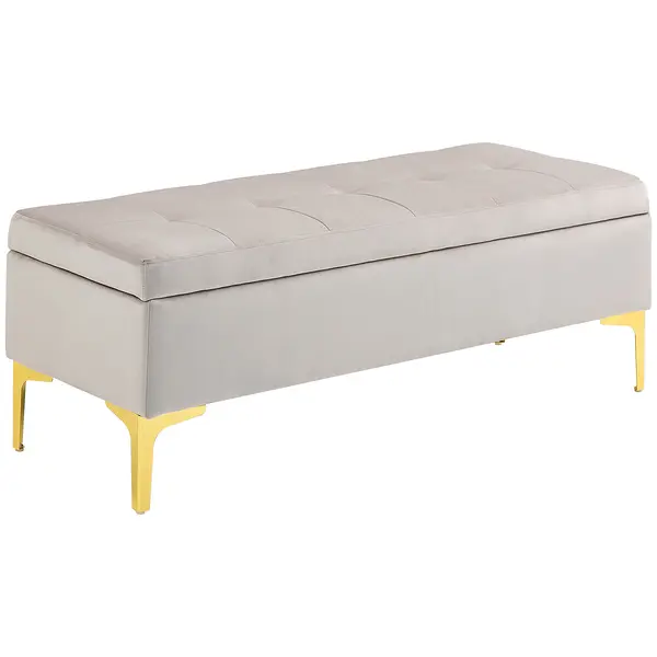 HOMCOM Bancă Otomană de Depozitare, Capăt de Pat din Catifea cu Picioare și Spațiu de Depozitare, 120x44x44.5 cm, Gri Deschis | Aosom Romania