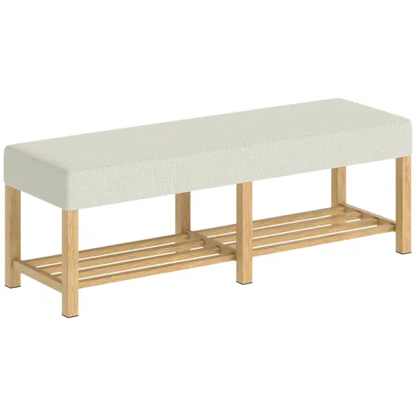HOMCOM Bancă pentru pantofi din lemn masiv de 140 cm, bancă modernă de hol cu șezut tapițat pentru două persoane, lemn natural și Alb-crem | Aosom Romania