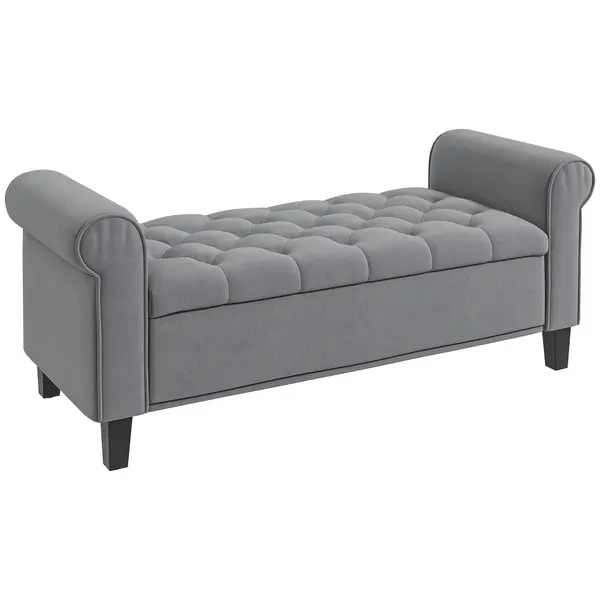 HOMCOM Bancuta Hol Banca Pat Matrimonial cu Depozitare si Cotiere Rulate, 126x48.5x57 cm, Banca Pat Gri | Aosom Romania