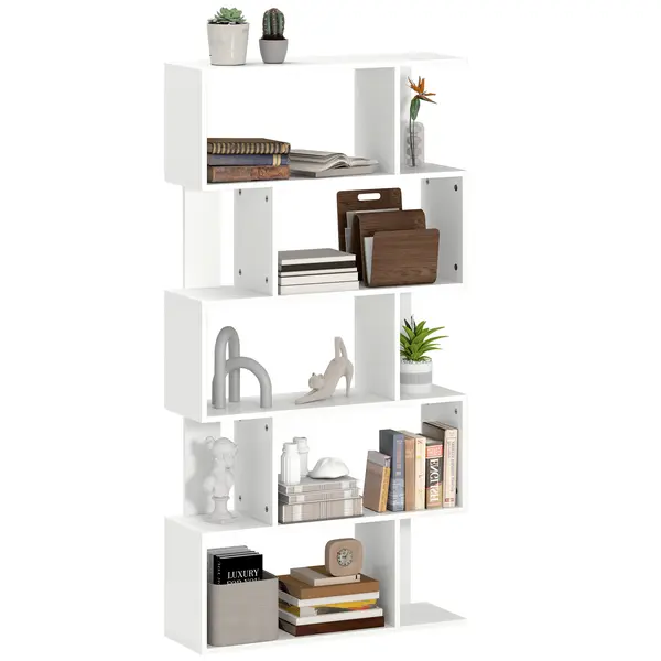 HOMCOM Bibliotecă Asimetrică în Formă de S cu 5 Niveluri și 10 Rafturi Deschise, 80x24x159 cm, Alb | Aosom Romania
