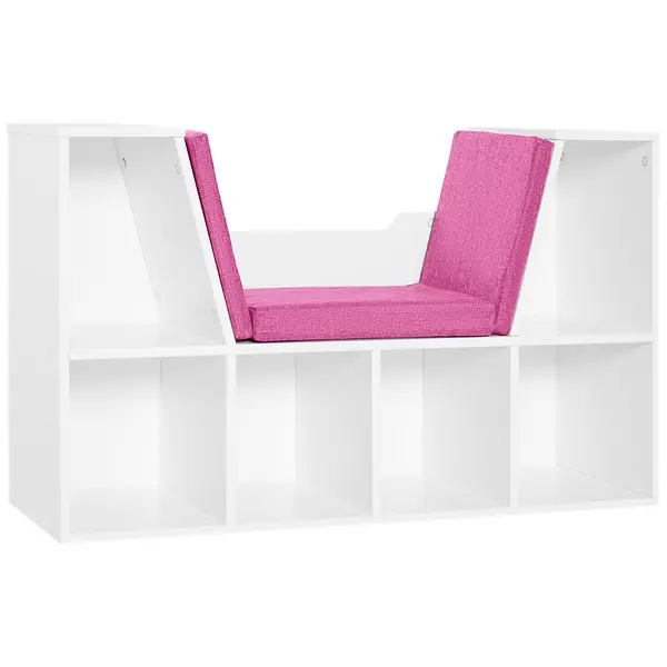 HOMCOM Bibliotecă Banc 2 în 1 Design Contemporan 6 casete 3 Perne incluse 102L x 30l x 61H cm Alb Roz | Aosom Romania