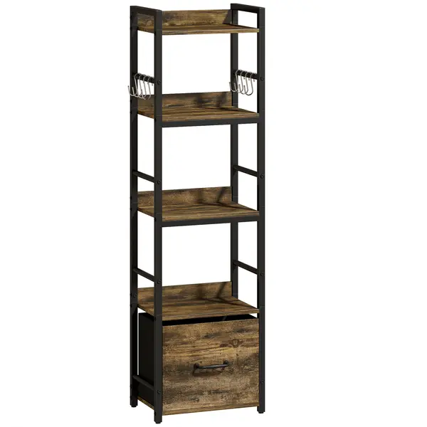 HOMCOM Bibliotecă cu 4 niveluri, etajeră de depozitare îngustă cu sertar, 8 cârlige, , 39 x 26 x 136,5 cm, maro rustic | Aosom Romania