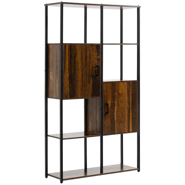 HOMCOM Bibliotecă Industrială cu 4 Rafturi și 2 Dulapuri, 90x30x159.5 cm, Metal și Lemn, Negru-Maro | Aosom Romania