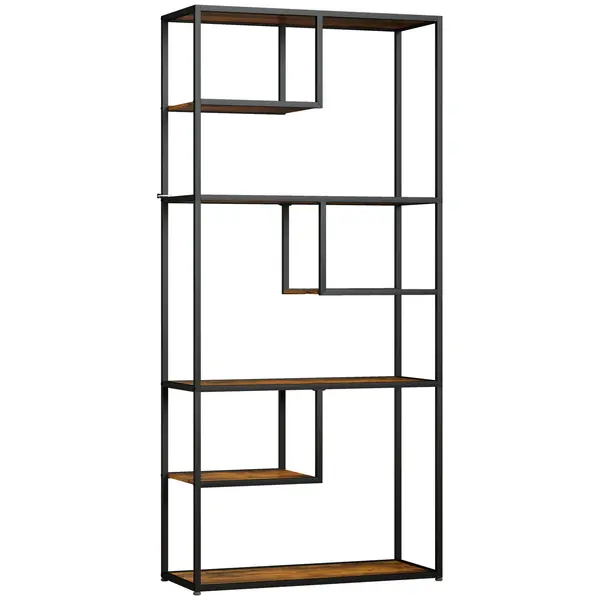 HOMCOM Bibliotecă Mobilă cu 7 Nivele din Lemn și Oțel în Stil Industrial, 83x34x180 cm, Maro | Aosom Romania