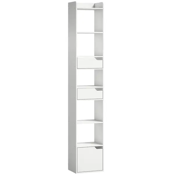 HOMCOM Bibliotecă pentru cărți cu 2 sertare și ușă Etajeră îngustă cu 6 rafturi deschise 32x24x181,5 cm Alb | Aosom Romania