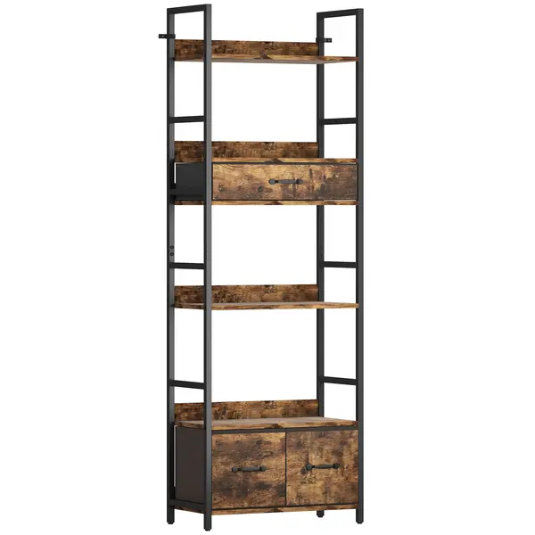 HOMCOM Bibliotecă raft de depozitare cu 6 niveluri cu 4 rafturi, 3 sertare din material textil, 60x30x176cm, maro rustic | Aosom Romania