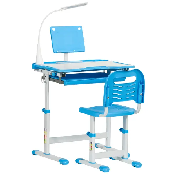 HOMCOM Birou Copii de 6-12 ani cu Lampa, masa cu scaune copii, cu design Ergonomic, Inălțimea Reglabilă, 70x49.5x80-105 cm | Aosom Romania