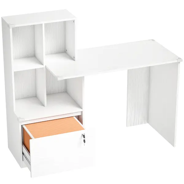 HOMCOM Birou de calculator cu bibliotecă 4 compartimente și sertar încuiabil, 126 x 50 x 109 cm, aspect lemn alb | Aosom Romania