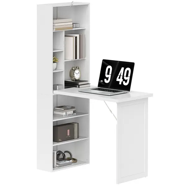 HOMCOM Birou de calculator pliabil cu bibliotecă, post de lucru, tablă albă și raft reglabil, 98x51x153cm, alb | Aosom Romania
