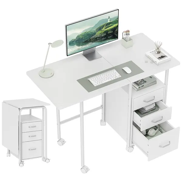 HOMCOM Birou de calculator pliabil pe roți, birou cu depozitare, 3 sertare, blat extensibil, 105x51x75,5cm, alb | Aosom Romania