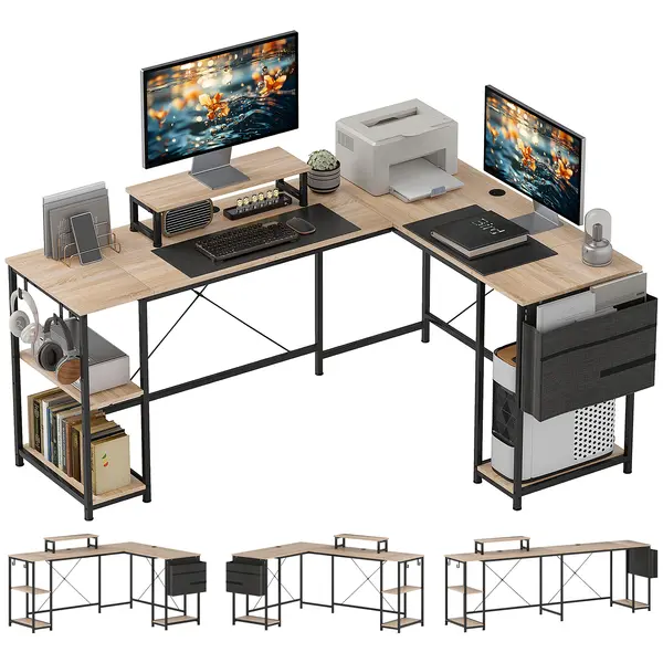 HOMCOM Birou de colț modular reversibil 168-240 cm stil industrial, raft reglabil, sac de depozitare, suport pentru ecran | Aosom Romania
