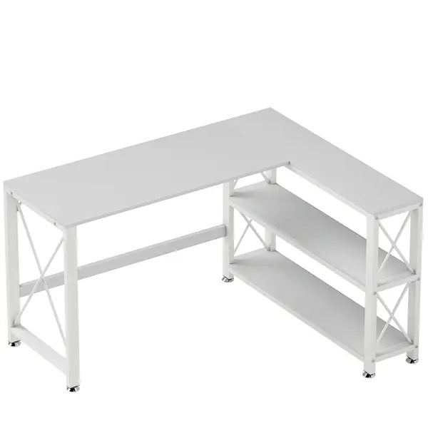 HOMCOM Birou de colț modular reversibil, birou cu depozitare, raft, cadru metalic, 135x110x75cm, alb | Aosom Romania