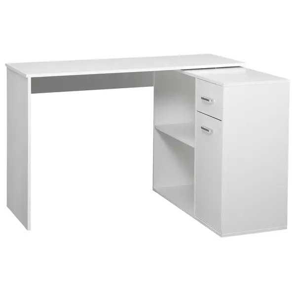 HOMCOM Birou de colț rotativ la 180°, birou pentru calculator, bibliotecă, sertar, dulap, loc de lucru, 117x82x74cm, alb | Aosom Romania