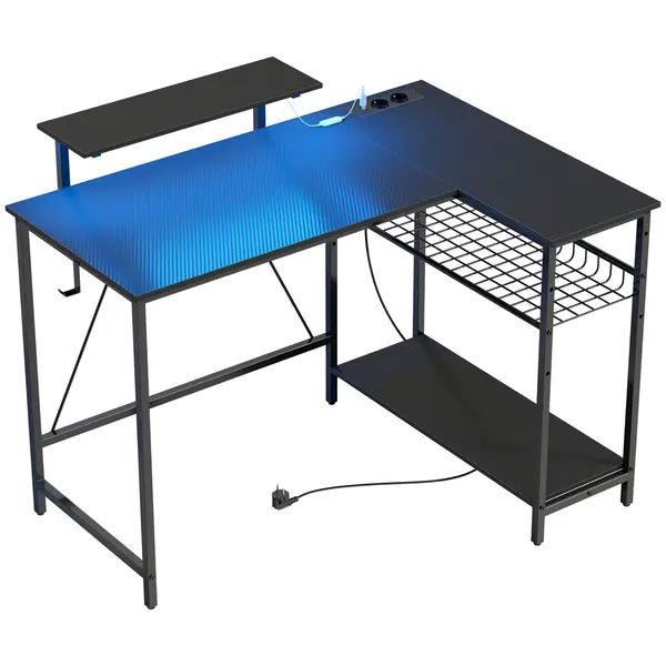 HOMCOM Birou Gaming Reversibil în L cu LED, 114,5x82 cm Birou Colțar cu Prize Electrice, Suport pentru Monitor și Rafturi Reglabile din Rețea, Stație Gaming pentru Acasă, Birou sau Studiu, Negru | Aosom Romania