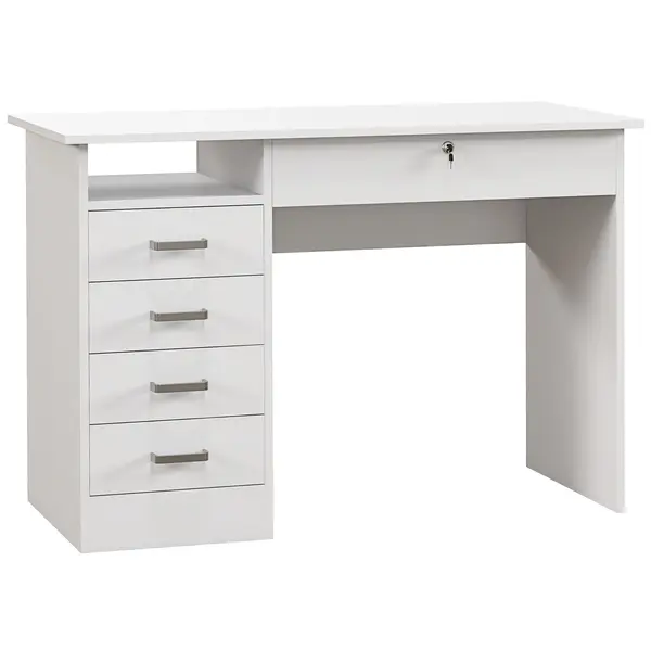 HOMCOM Birou Modern cu 5 Sertare, Birou cu Sertare și Compartiment Deschis pentru Biroul de Acasă și Studiu, 110x50x76 cm, Alb | Aosom Romania