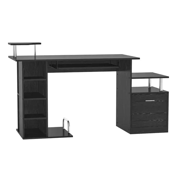 HOMCOM Birou Modern pentru Computer cu Sertare, Rafturi și Suport Detașabil pentru Tastatură, 152x60x88 cm, Negru | Aosom Romania