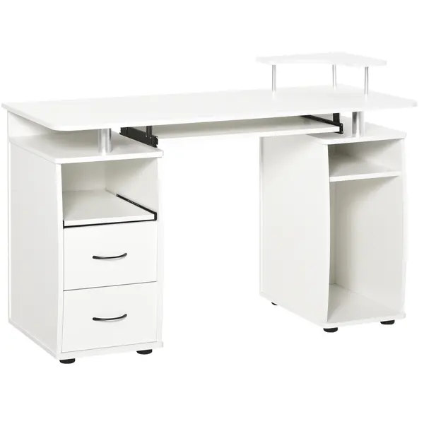HOMCOM Birou PC din PAL și Oțel Alb cu Tastatură și Raft Monitor, Spațiu Generos de Lucru, 2 Sertare, Design Modern, 120x55x85 cm | Aosom Romania