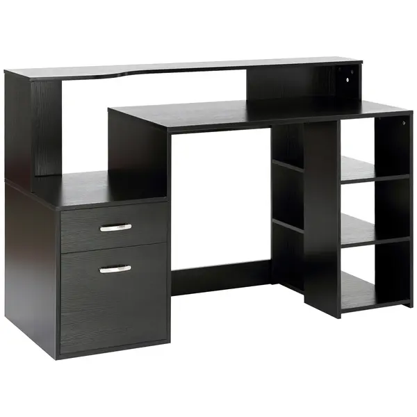 HOMCOM Birou pentru calculator cu 2 sertare, birou cu depozitare, 137 x 55 x 92 cm, rafturi deschise și poliță pentru imprimantă, stil modern, masă pentru calculator pentru dormitor, studio, negru | Aosom Romania