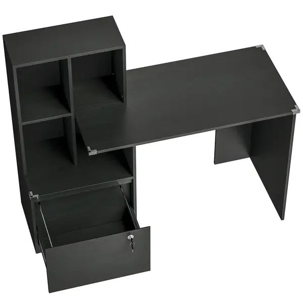 HOMCOM Birou pentru calculator cu bibliotecă 4 compartimente și sertar blocabil, 126 x 50 x 109 cm, negru | Aosom Romania