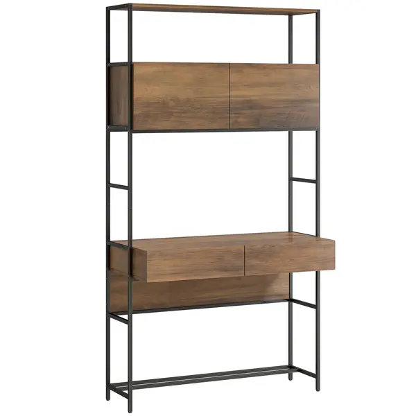 HOMCOM Birou pentru computer cu etajere și 2 sertare pentru home office, 185 cm înălțime, aspect lemn maro | Aosom Romania