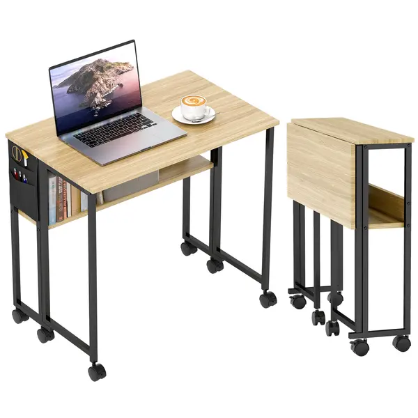 HOMCOM Birou pliabil pe roți 80 x 50 cm cu raft și geantă de depozitare, stejar | Aosom Romania