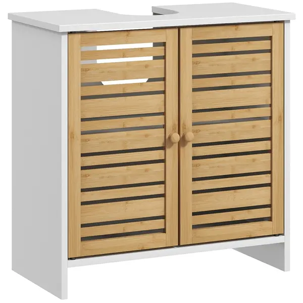 HOMCOM Birou sub vas de baie cu 2 usi etajera reglabila dulap de depozitare pentru chiuveta 60x30x60 cm bambus alb | Aosom Romania