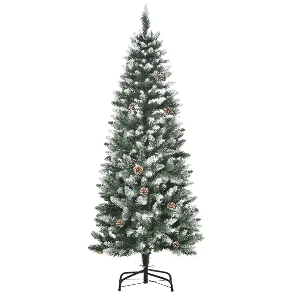 HOMCOM Brad de Crăciun Înzăpezit cu 464 crengi și 28 conuri, Brad Artificial cu Bază Detașabilă, Ø69x150 cm, Verde | Aosom Romania