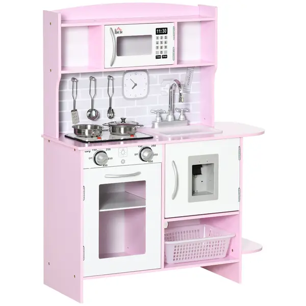 HOMCOM Bucătărie de jucărie din lemn pentru copii +3 ani, bucătărie-jucărie cu lumină și sunete 70x29x90 cm Roz | Aosom Romania