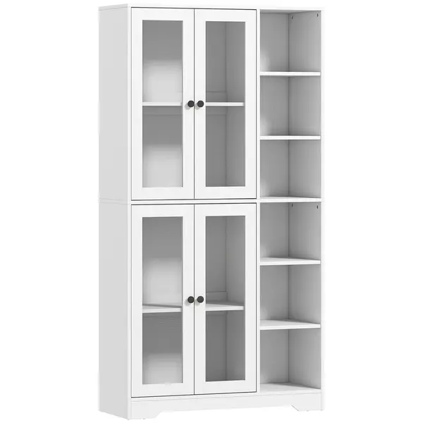 HOMCOM Bufet Bucătărie Înalt, Dulap Dispensa cu 4 Uși din Sticlă Soft-Close, 6 Rafturi Deschise, Rafturi Reglabile, Alb | Aosom Romania