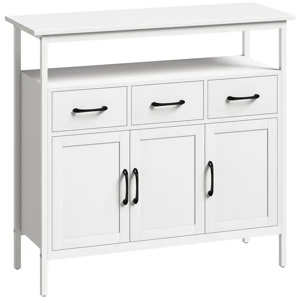 HOMCOM Bufet bucătărie, mobilier de depozitare, 3 uși, 3 sertare, compartiment deschis și rafturi reglabile, 95x35x88cm, alb | Aosom Romania