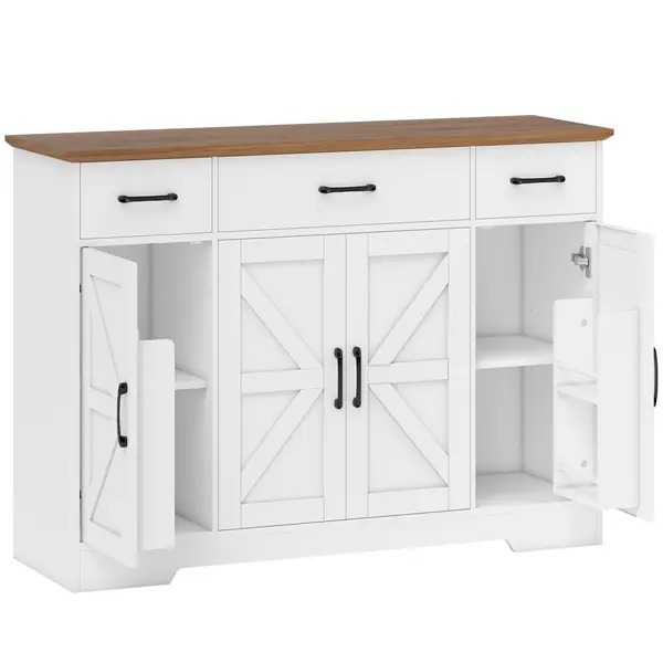 HOMCOM Bufet Bucătărie Rustic, Bufet cu Uși Soft-Close, 3 Sertare, 3 Rafturi Reglabile, Portaspecii, PAL, MDF, Alb | Aosom Romania