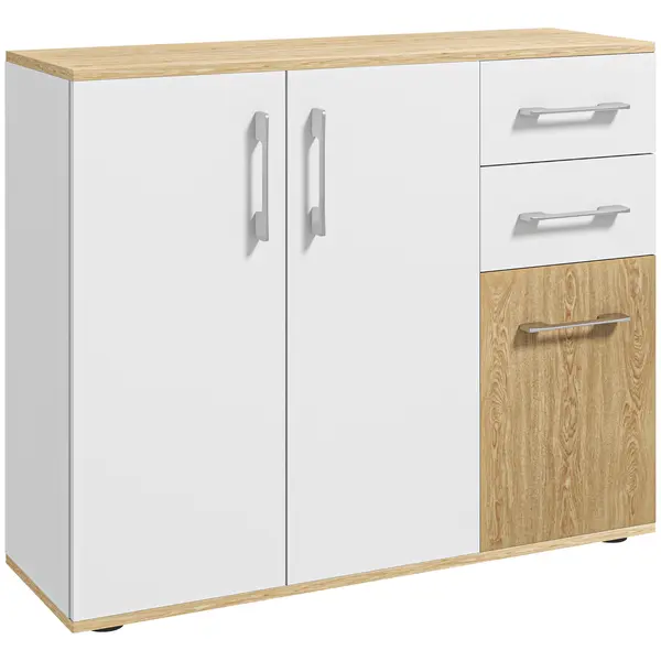 HOMCOM Bufet de Bucătarie cu 2 Sertare 2 Dulapuri și Rafturi Ajustabile pentru Sufragerie 90x30x75,5 cm Alb și Natural | Aosom Romania