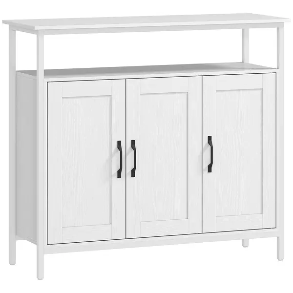 HOMCOM Bufet de Bucătărie cu Raft Deschis și 2 Dulapuri, Mobilier de Bucătărie cu Rafturi Ajustabile din Lemn, Bufet pentru Hol, Sufragerie și Sala de Mese, 100x35x88 cm, Alb | Aosom Romania