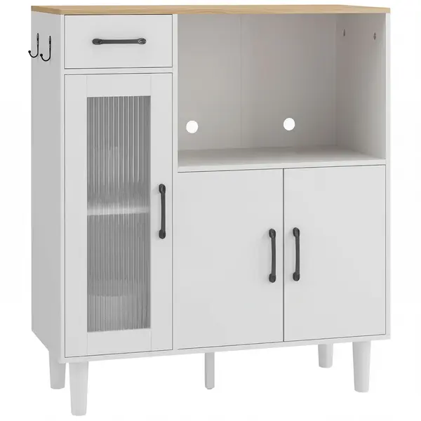 HOMCOM Bufet dulap de bucătărie cu sertar, 2 dulapuri, compartiment deschis, ușă acrilică nervurată 80 x 34 x 91 cm Alb+Stejar | Aosom Romania