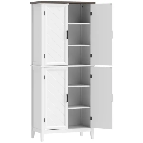 HOMCOM Bufet înalt bucătărie 6 nivele, dulap de bucătărie, 4 uși cu model chevron și 4 rafturi reglabile, 76x40x178,5cm, alb | Aosom Romania