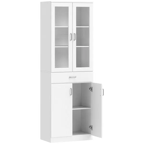 HOMCOM Bufet înalt pentru bucătărie, dulap de bucătărie, 4 uși dintre care 2 din sticlă, sertare, etajere reglabile, 60x35x180cm, alb | Aosom Romania
