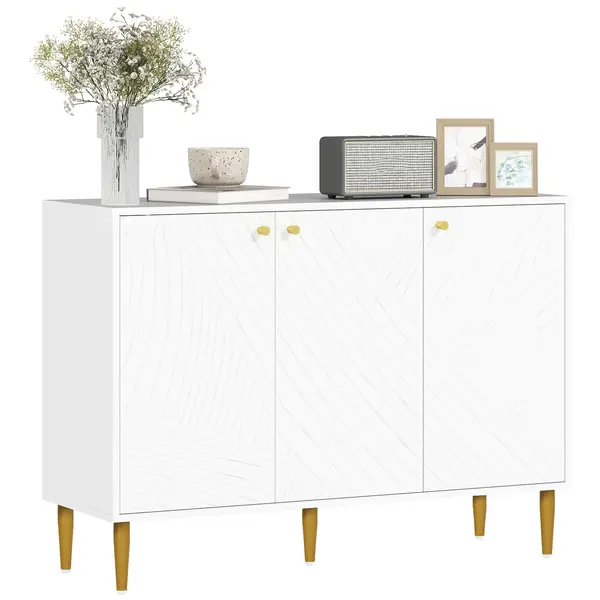 HOMCOM Bufet mobilier de depozitare cu 2 dulapuri, 3 uși rafturi reglabile picioare aurii din oțel 107 x 35 x 77 cm alb | Aosom Romania