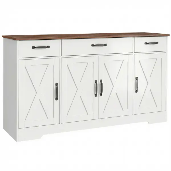 HOMCOM Bufet, mobilier de depozitare pentru bucătărie în stil rustic cu 4 uși tip hambar, 3 sertare, etajere reglabile, alb | Aosom Romania