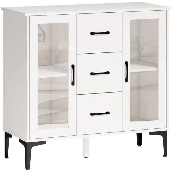 HOMCOM Bufet modern cu uși Soft-Close, bufet cu 3 sertare, 2 uși din sticlă, rafturi reglabile, MDF, Alb | Aosom Romania