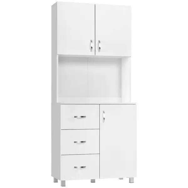 HOMCOM Bufet Modern din Lemn Alb cu 2 Dulapioare, Polite Reglabile, 1 Raft Deschis si 3 Sertare, 80x39,5x183,5cm | Aosom Romania