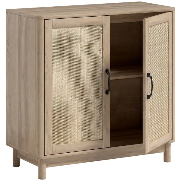HOMCOM Bufet pentru living, mobilier de depozitare cu 2 uși din ratan, poliță reglabilă și margini rotunjite, 76 x 35 x 75,5 cm, stejar | Aosom Romania