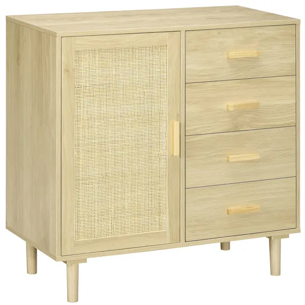 HOMCOM Bufet rotin cu dulapuri cu ușă cannage și 4 sertar, 80 x 38 x 80,5 cm, efect lemn natural | Aosom Romania