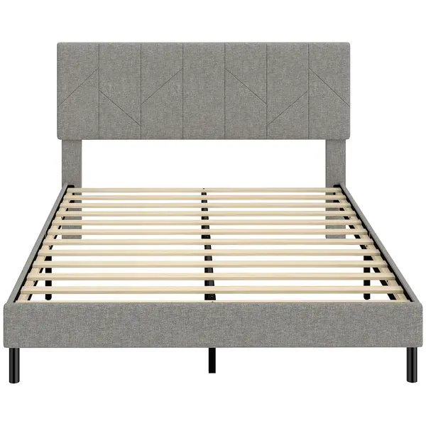 HOMCOM Cadru de pat 140 x 190 cm cu somier şi tăblie reglabilă, pat dublu tapiţat în in, depozitare dedesubt, gri | Aosom Romania