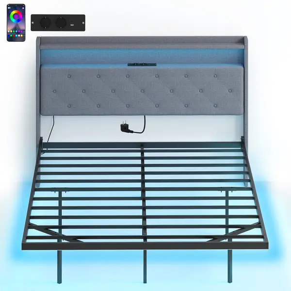 HOMCOM Cadru de pat 140 x 190 cm cu somieră din oțel, pat dublu plutitor cu lumini LED RGB și stație de încărcare, gri | Aosom Romania