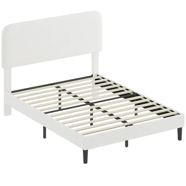 HOMCOM Cadru de pat 140x190cm cu somieră, tăblie reglabilă, pat dublu tapițat în velur Teddy, lamele metalice, alb | Aosom Romania