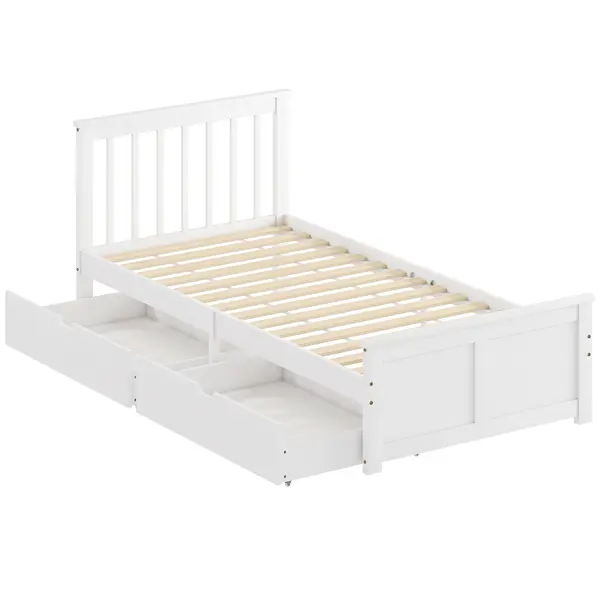 HOMCOM Cadru de pat 90x190cm din lemn masiv, 2 sertare pe roți, tăblie, picior de pat, somier cu lamele, alb | Aosom Romania