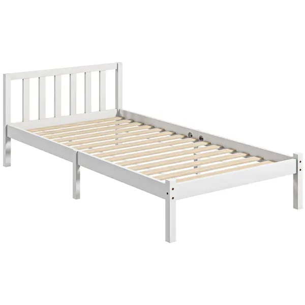 HOMCOM Cadru de pat din lemn masiv 90x190 cm pat single cu tăblie și somieră cu lamele solid pentru copii adulți | Aosom Romania