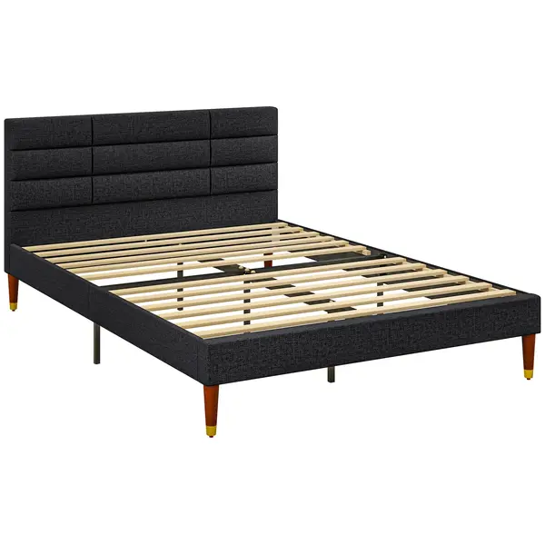 HOMCOM Cadru de pat dublu pentru 2 persoane cu somier cu lamele și cap de pat tapitat compatibil cu salteaua 140 x 200 cm, negru | Aosom Romania