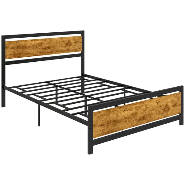 HOMCOM Cadru de Pat Single din Lemn și Oțel 140x200cm, Sipci, Tetieră Stil Industrial, Negru/Maro Rustic | Aosom Romania