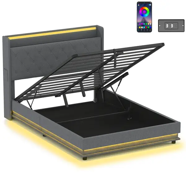 HOMCOM Cadru pat 140 x 200 cm cu tăblie și picior, pat tip platformă cu depozitare hidraulică, lumini LED | Aosom Romania